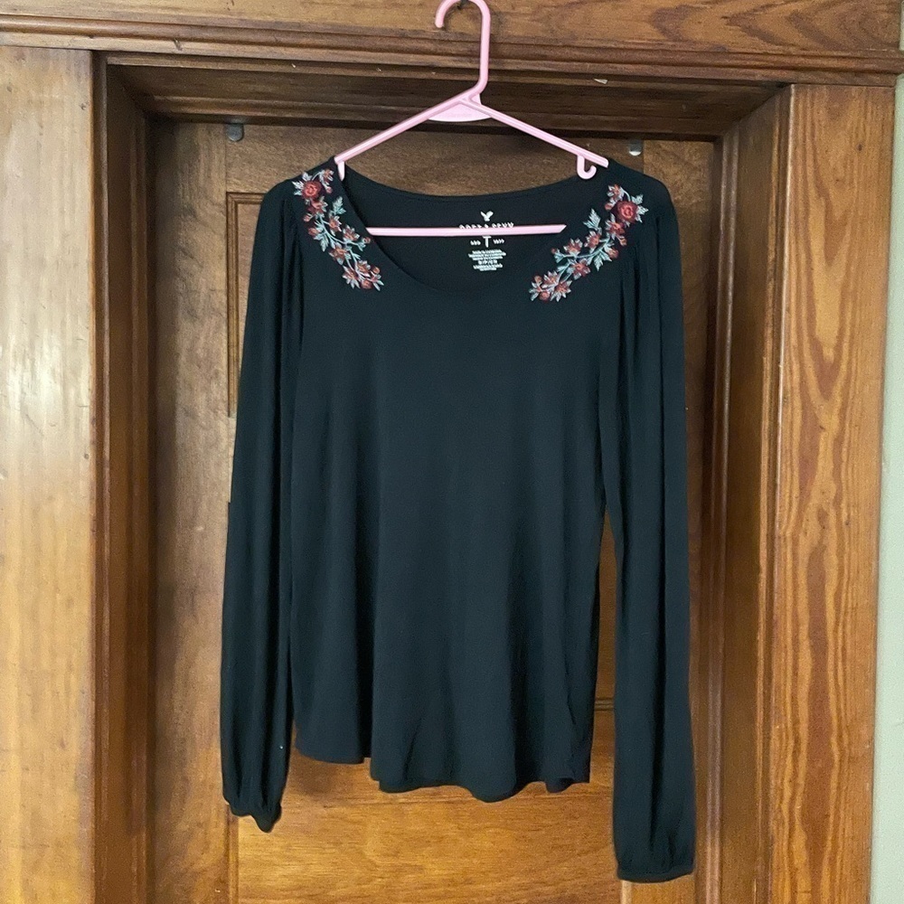 American Eagle Outfitters Black Long Sleeve Tee with Floral Embroidery
